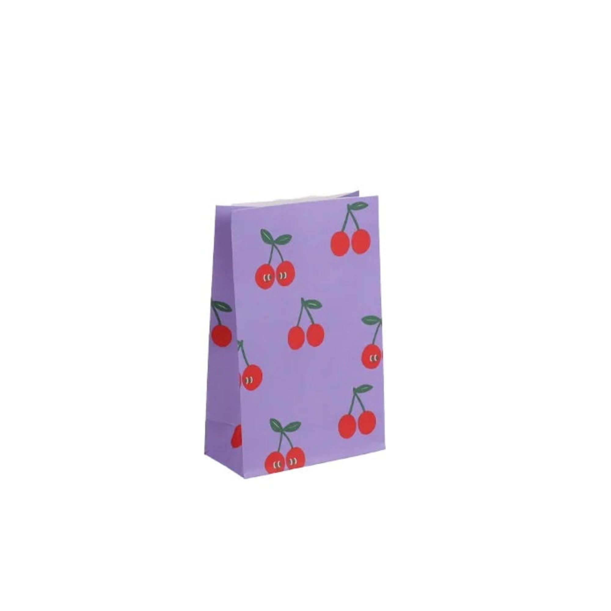 A small lavender paper gift bag with a repeating pattern of red cherries with green stems, shown on a plain white background.