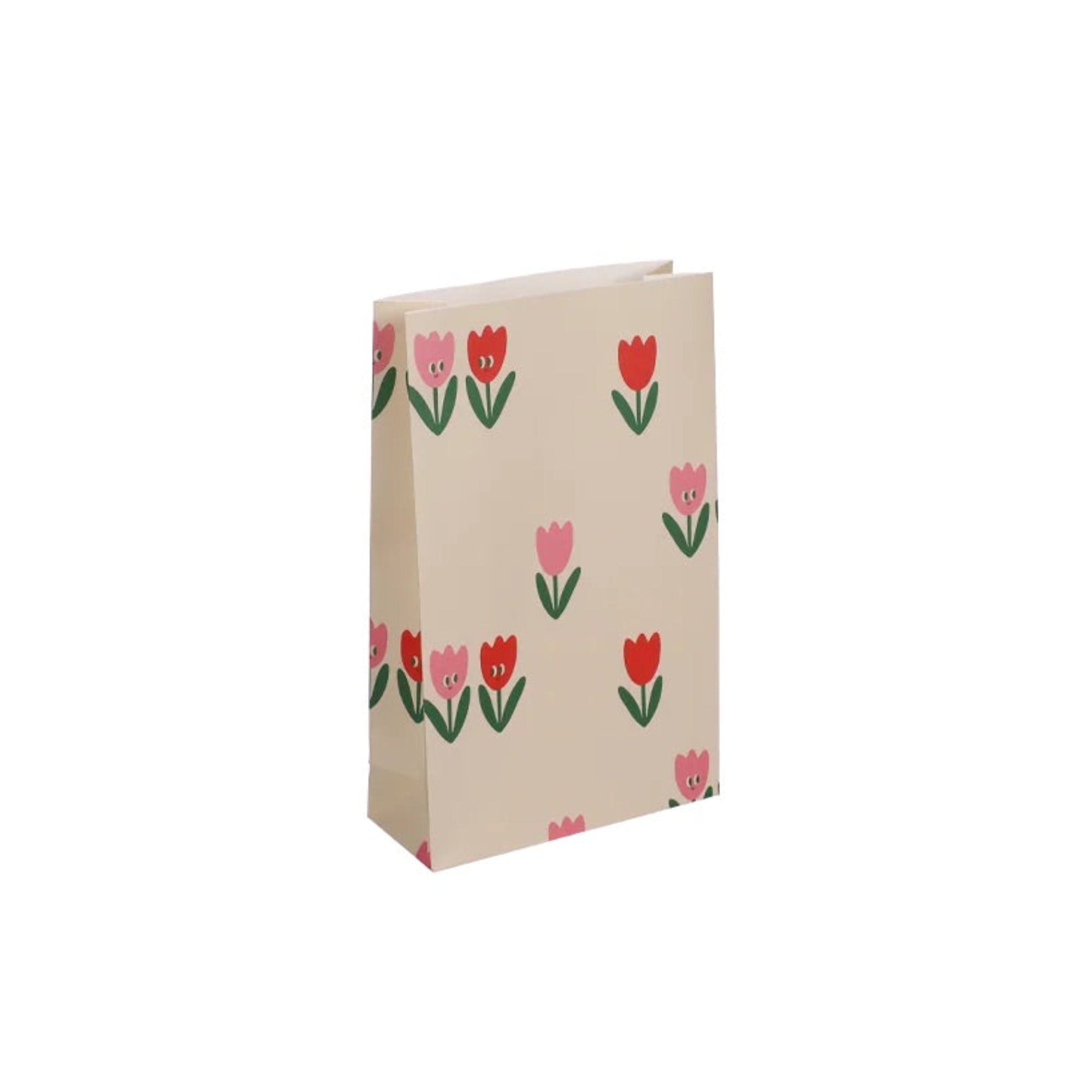 A small kraft paper gift bag with a repeating pattern of pink and red tulips with green leaves on a light beige background, shown against a plain white background.