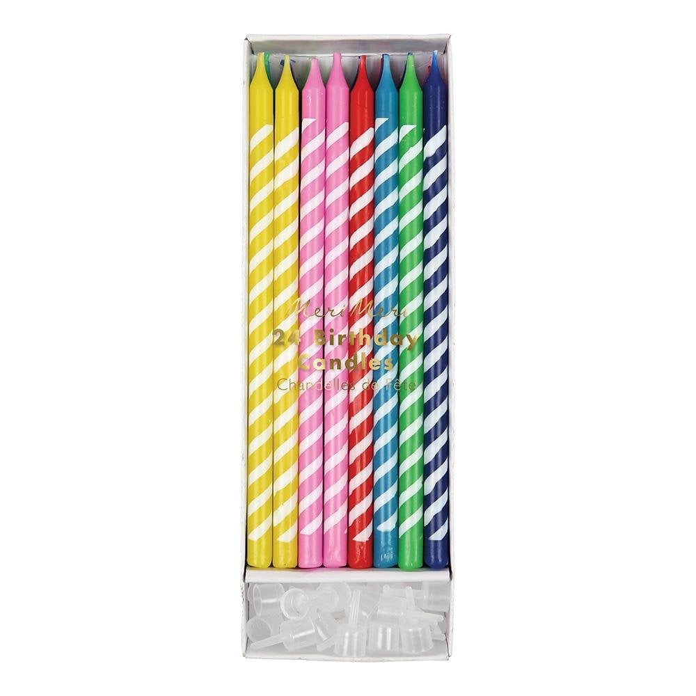 24 BRIGHT STRIPE PARTY CANDLES