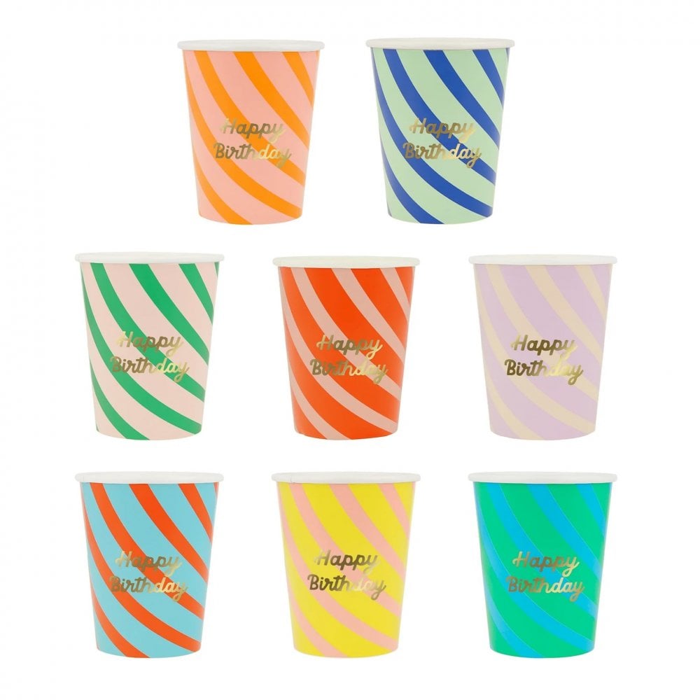 8 STRIPE HAPPY BIRTHDAY CUPS