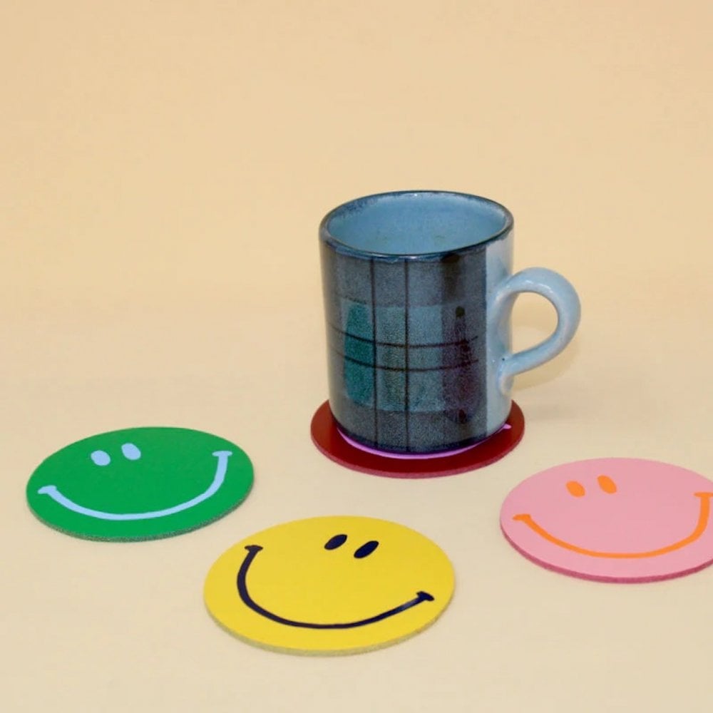 HAPPY FACE SMILE LEATHER COASTERS - SET OF 4