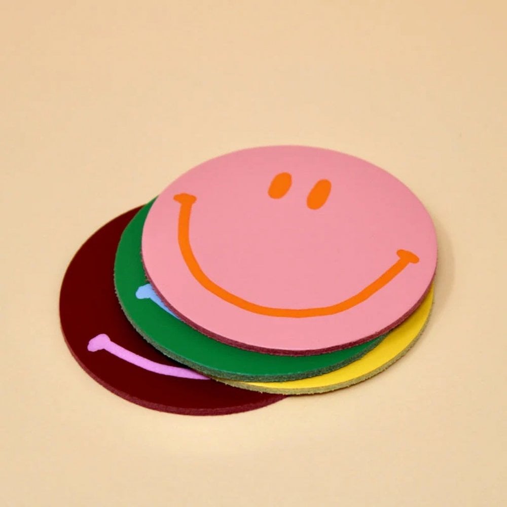 HAPPY FACE SMILE LEATHER COASTERS - SET OF 4