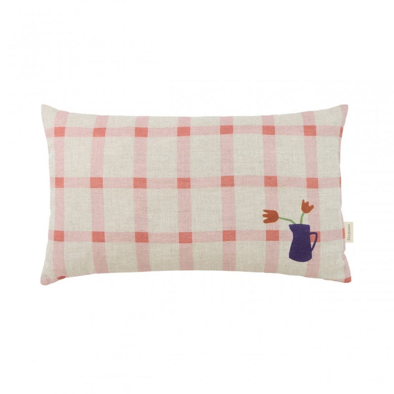 MEDIUM RECTANGULAR LINEN CUSHION VIBES - Pink Window Pane - Tulips