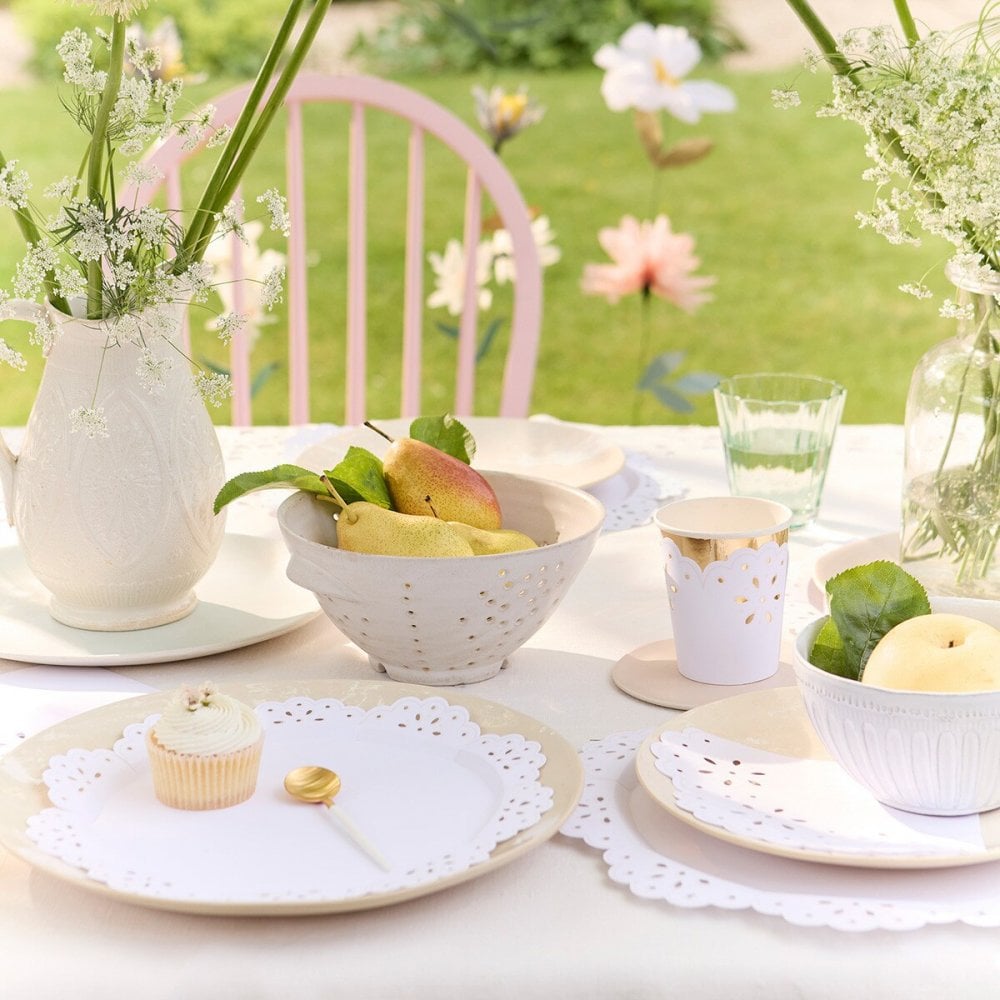 8 BRODERIE ANGLAISE LACE DINNER PLATES  - WHITE