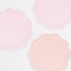 8 BRODERIE ANGLAISE LACE DINNER/SERVING PLATES - PINK + PEACH