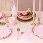 8 BRODERIE ANGLAISE LACE DINNER/SERVING PLATES - PINK + PEACH