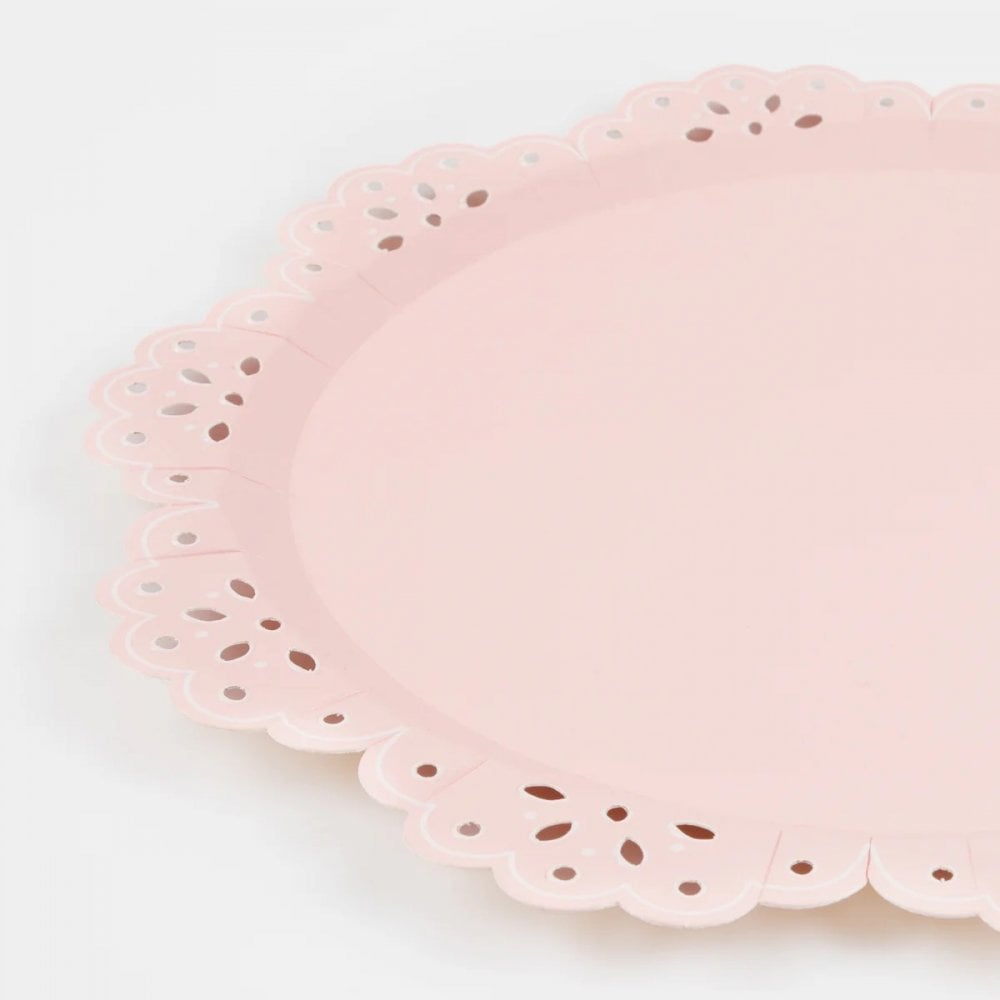 8 BRODERIE ANGLAISE LACE DINNER/SERVING PLATES - PINK + PEACH
