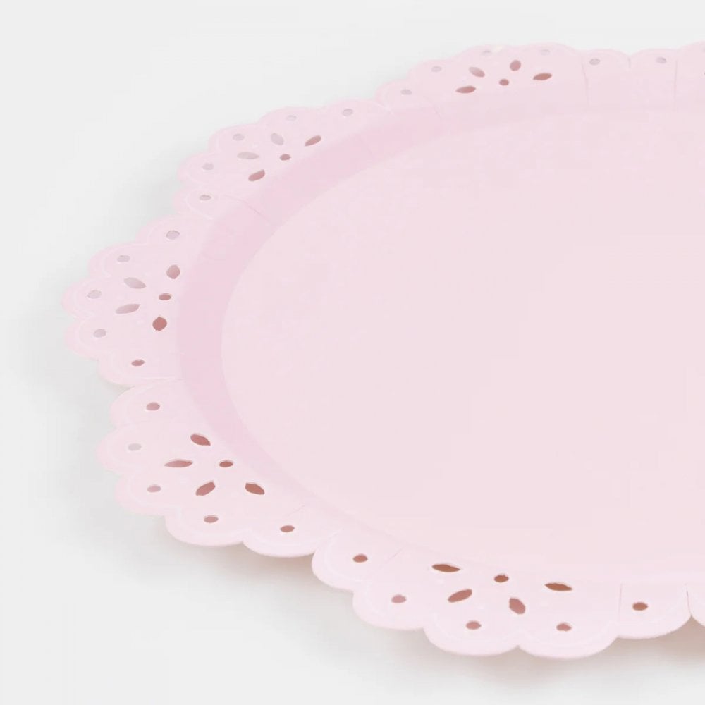 8 BRODERIE ANGLAISE LACE DINNER/SERVING PLATES - PINK + PEACH
