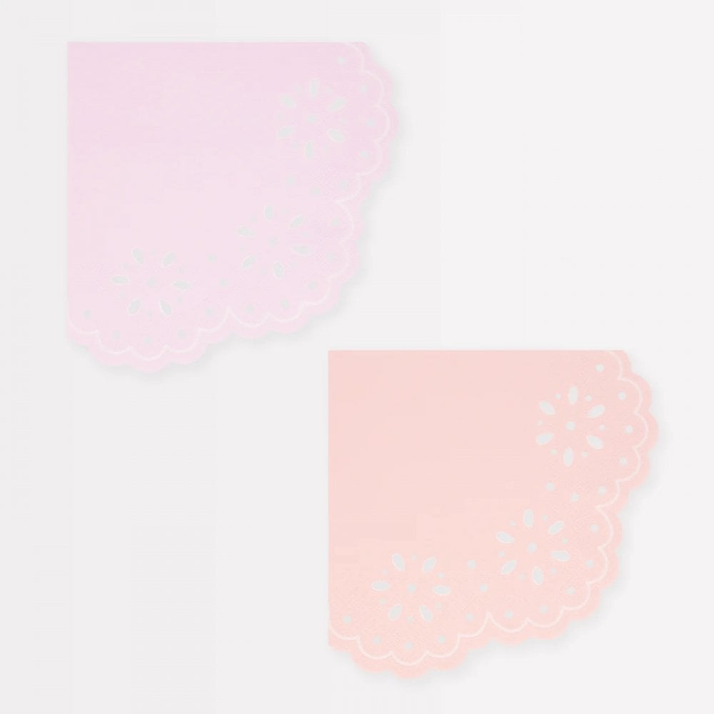 16 BRODERIE ANGLAISE LACE NAPKINS - PINK + PEACH