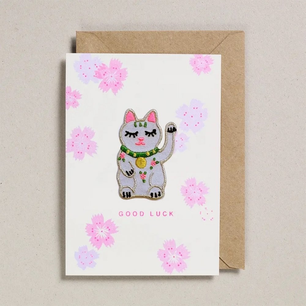 LUCKY CAT FLOWERS - IRON ON PATCH GOOD LUCK CARD