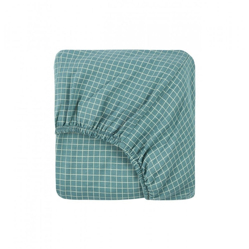 STORIES FITTED JERSEY SHEET - 70 x 140cm - Teal cream grid