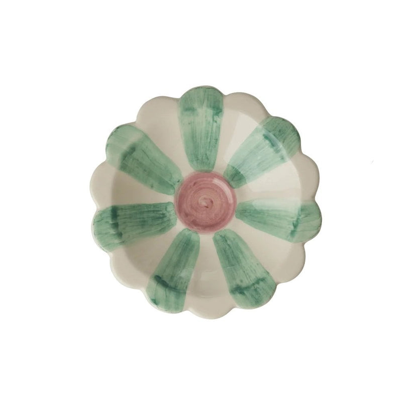 SMALL CERMAIC FLOWER DIPPING BOWL  HAND PAINTED STRIPES - Green