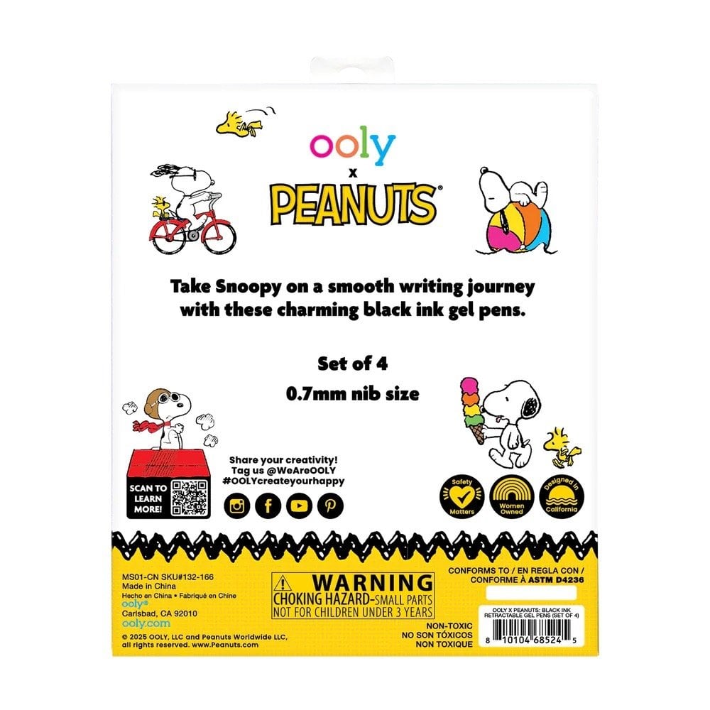 OOLY x PEANUTS - 4 BLACK INK RETRACTABLE GEL PENS (6 YEARS+)