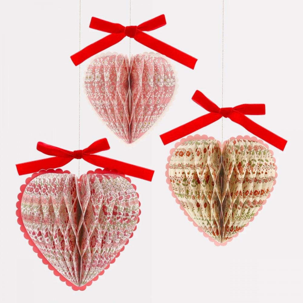 3 LIBERTY HONEYCOMB HEART DECORATIONS