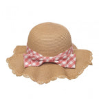 GINGHAM BOW SCALLOPED STRAW SUN HAT - 3-6 YEARS