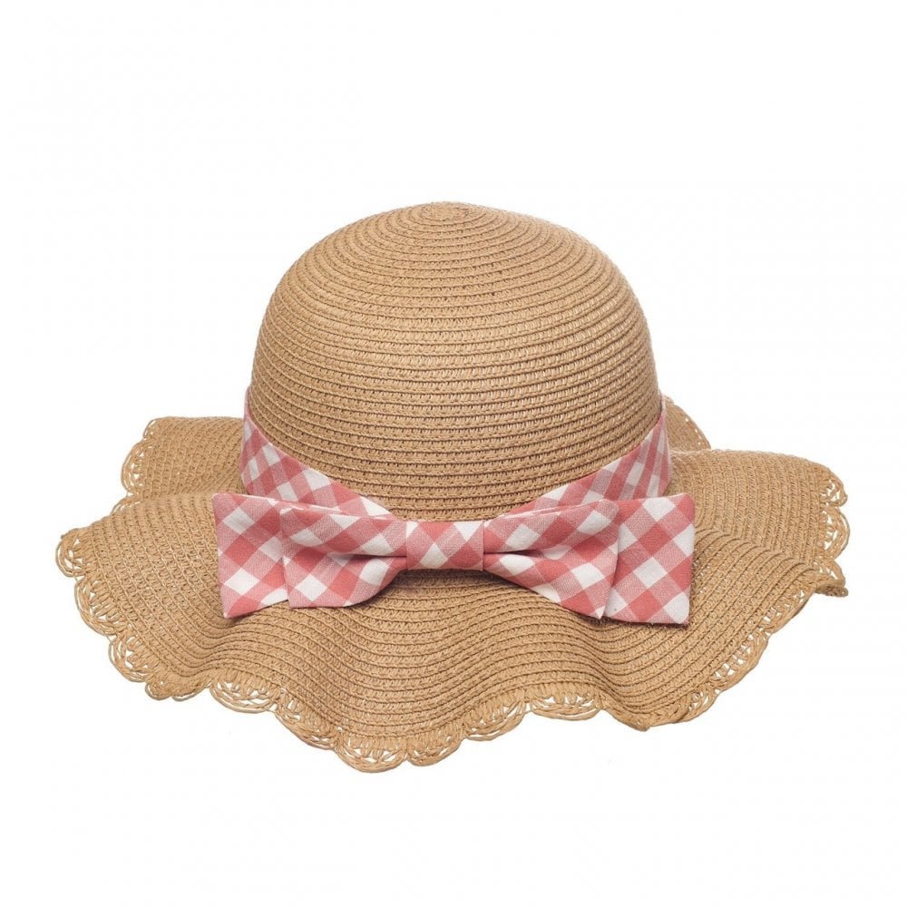 GINGHAM BOW SCALLOPED STRAW SUN HAT - 3-6 YEARS