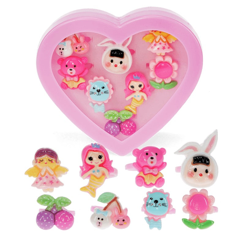 8 RINGS IN A HEART BOX - MERMAID, BUNNY, BEARS