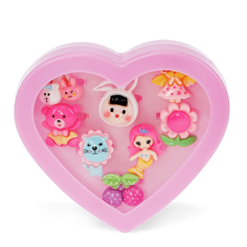 8 RINGS IN A HEART BOX - MERMAID, BUNNY, BEARS