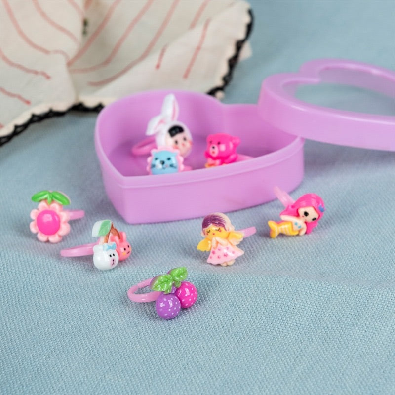8 RINGS IN A HEART BOX - MERMAID, BUNNY, BEARS