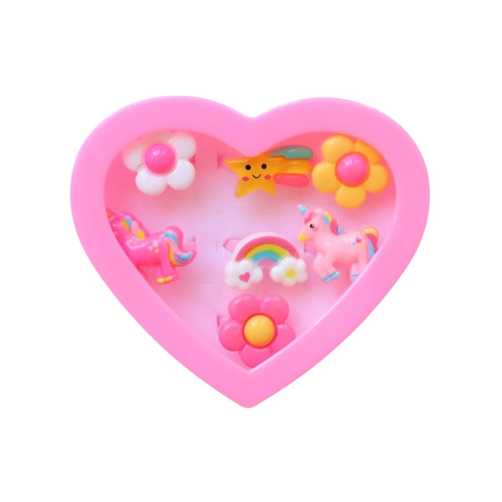 7 PIECE RING SET HEART BOX - UNICORNS, STARS + FLOWERS