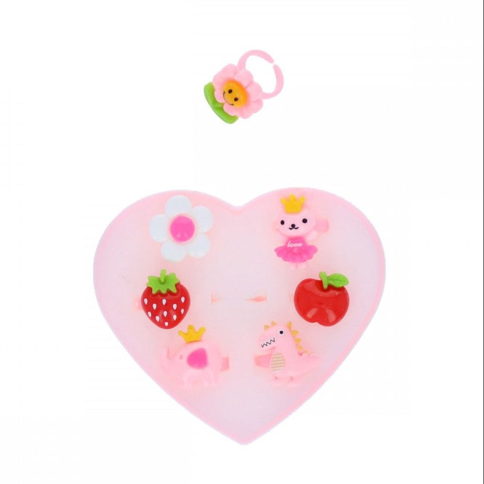 7 PIECE RING SET HEART BOX - FRUIT, ANIMALS + FLOWERS