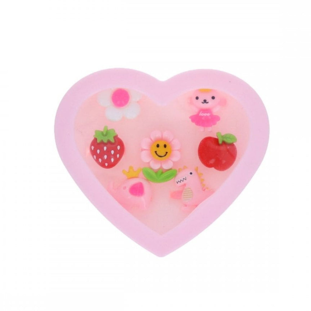 7 PIECE RING SET HEART BOX - FRUIT, ANIMALS + FLOWERS