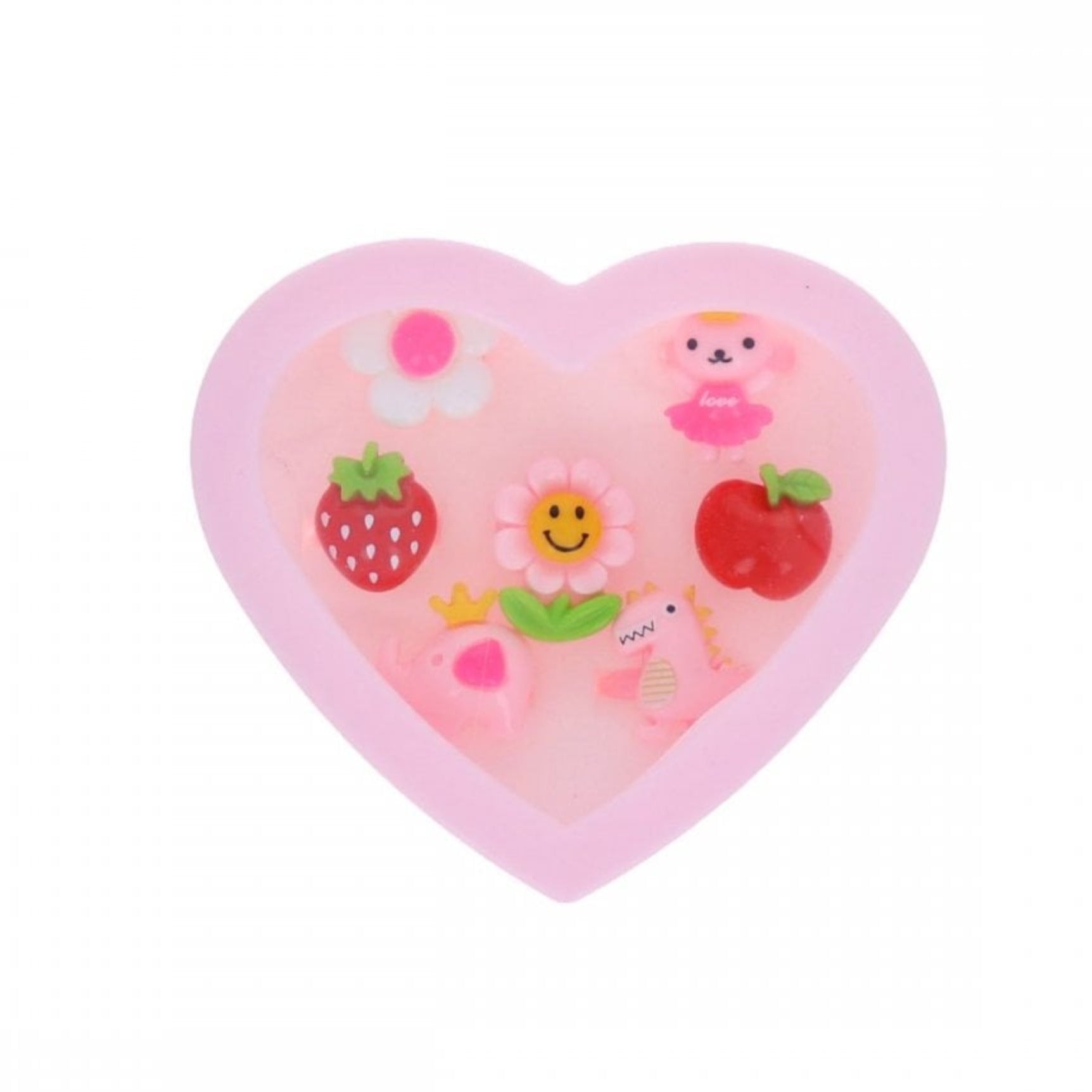 7 PIECE RING SET HEART BOX - FRUIT, ANIMALS + FLOWERS