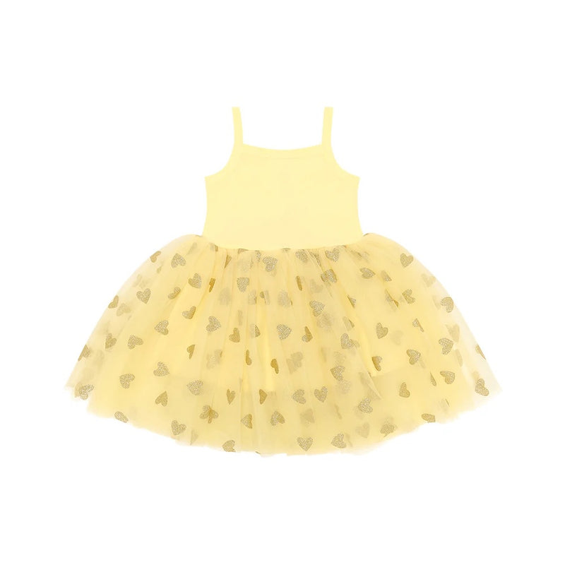 GLITTER HEART DRESS - Lemon/Gold