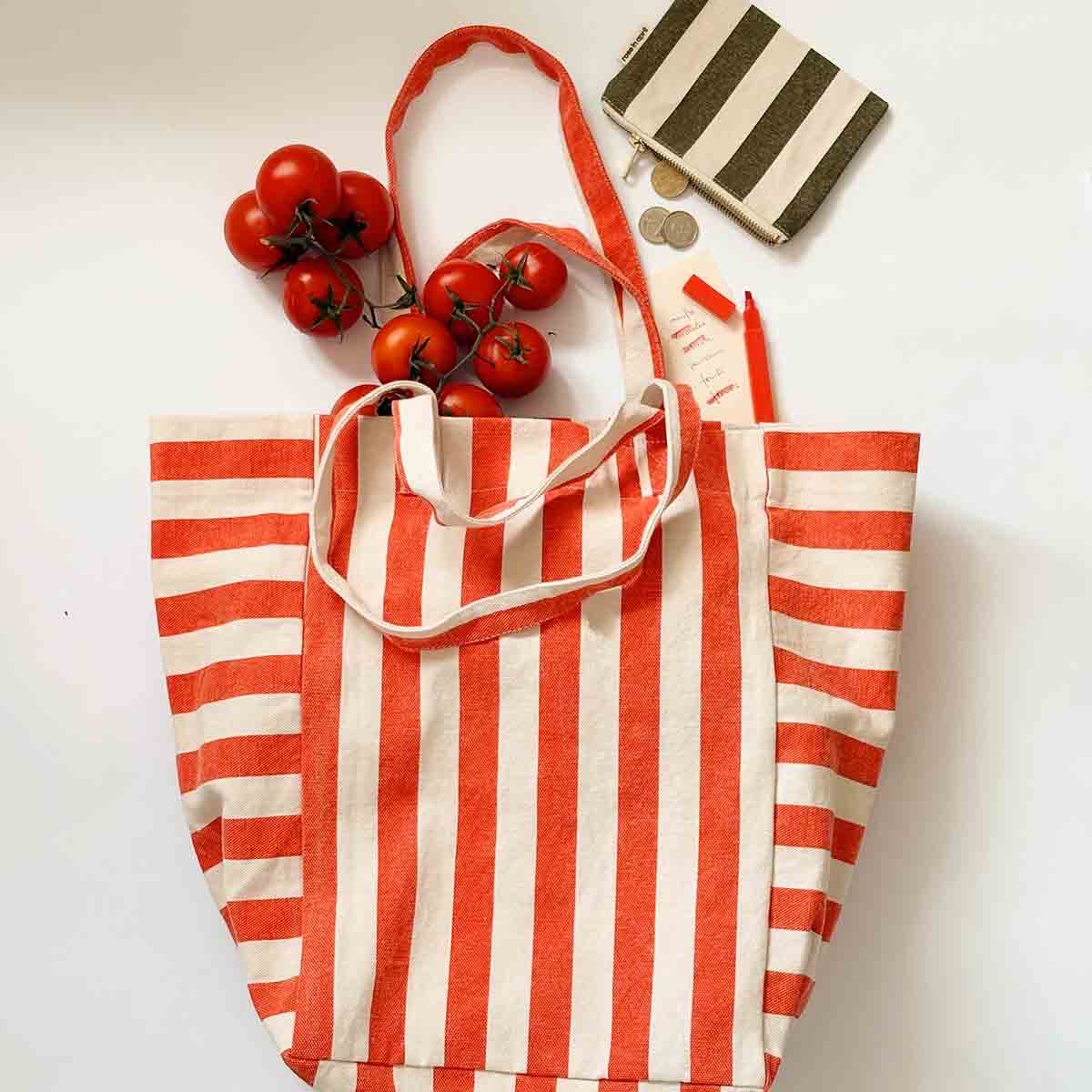 ELISABETH TOTE BAG -GREIGE/TOMATO STRIPES
