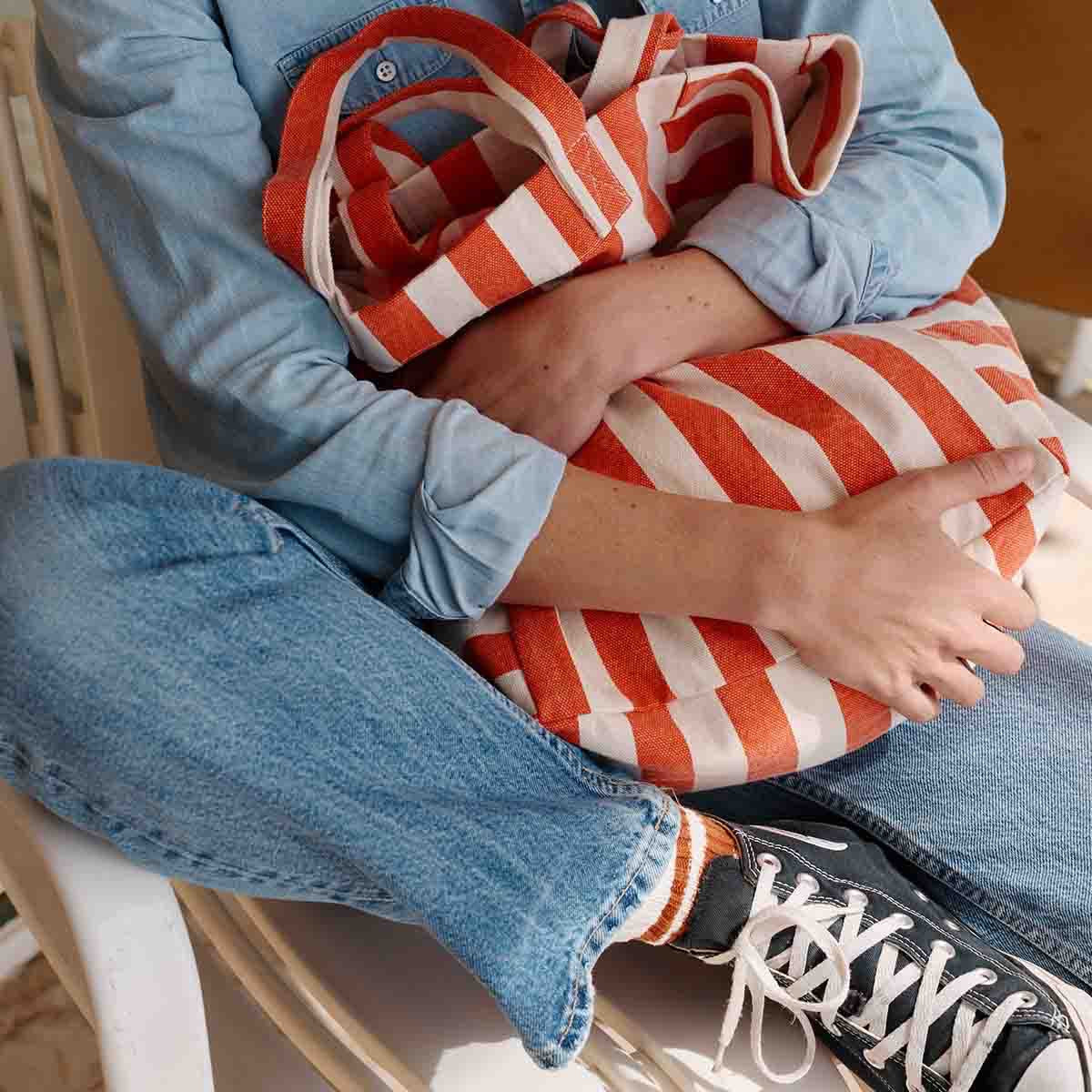 ELISABETH TOTE BAG -GREIGE/TOMATO STRIPES