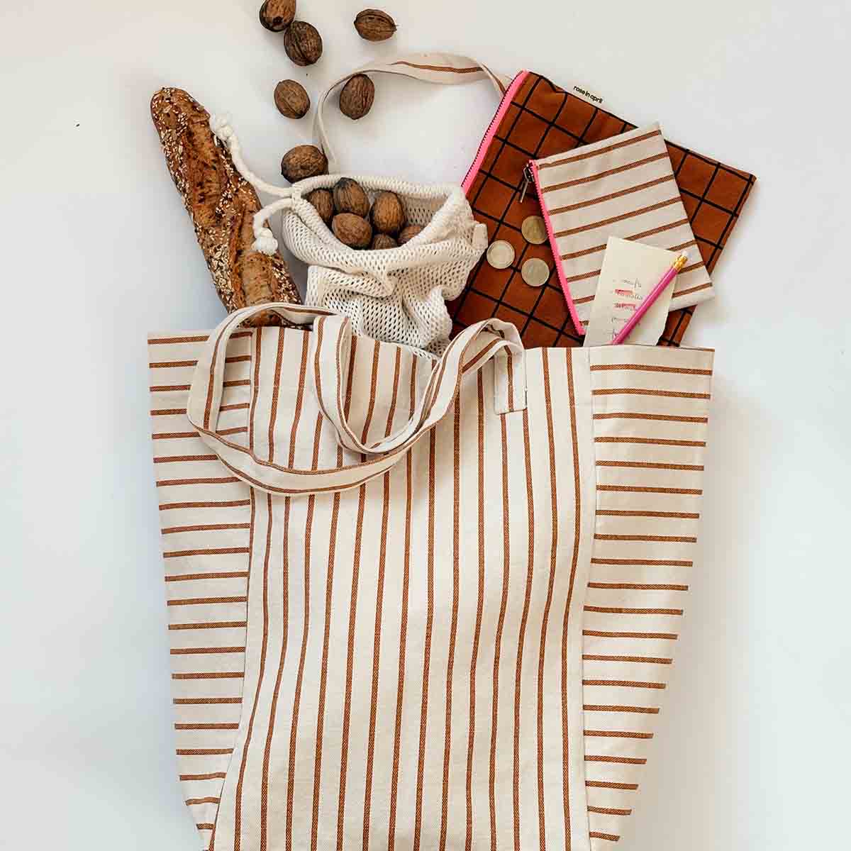 ELISABETH TOTE BAG - GREIGE TENNIS STRIPE