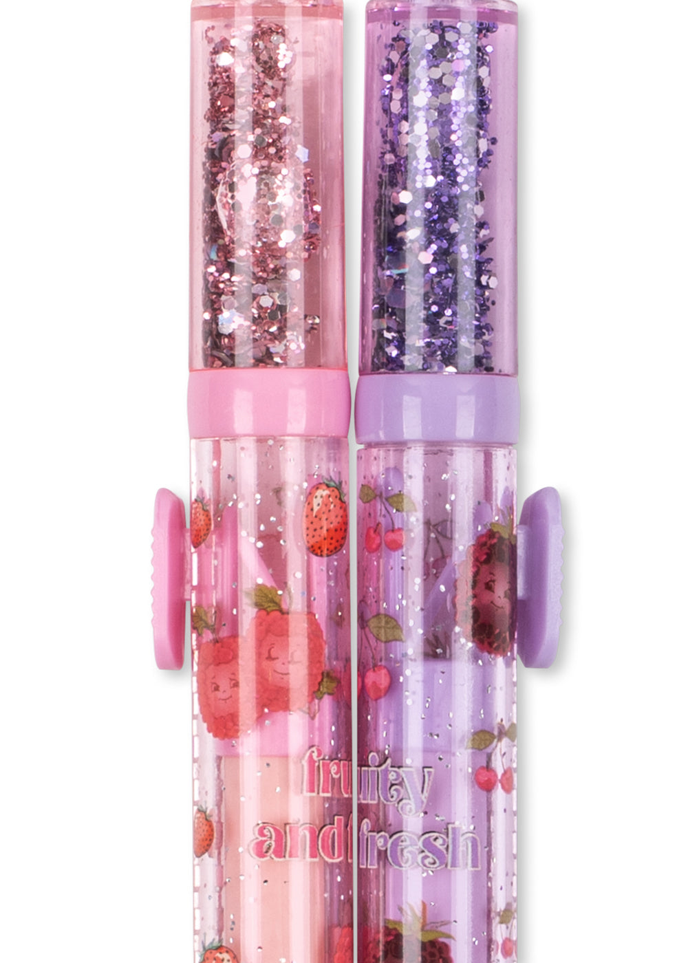 Two colorful pens with glitter and fruit designs on a white background