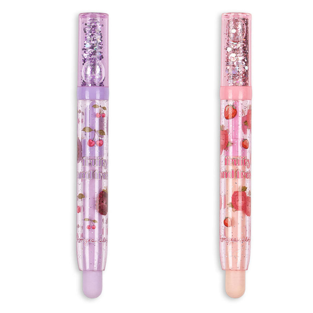 Pink lip gloss with decorative elements on a white background