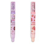 Pink lip gloss with decorative elements on a white background