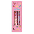 Pink packaging with two lip balms and fruit illustrations on a white background