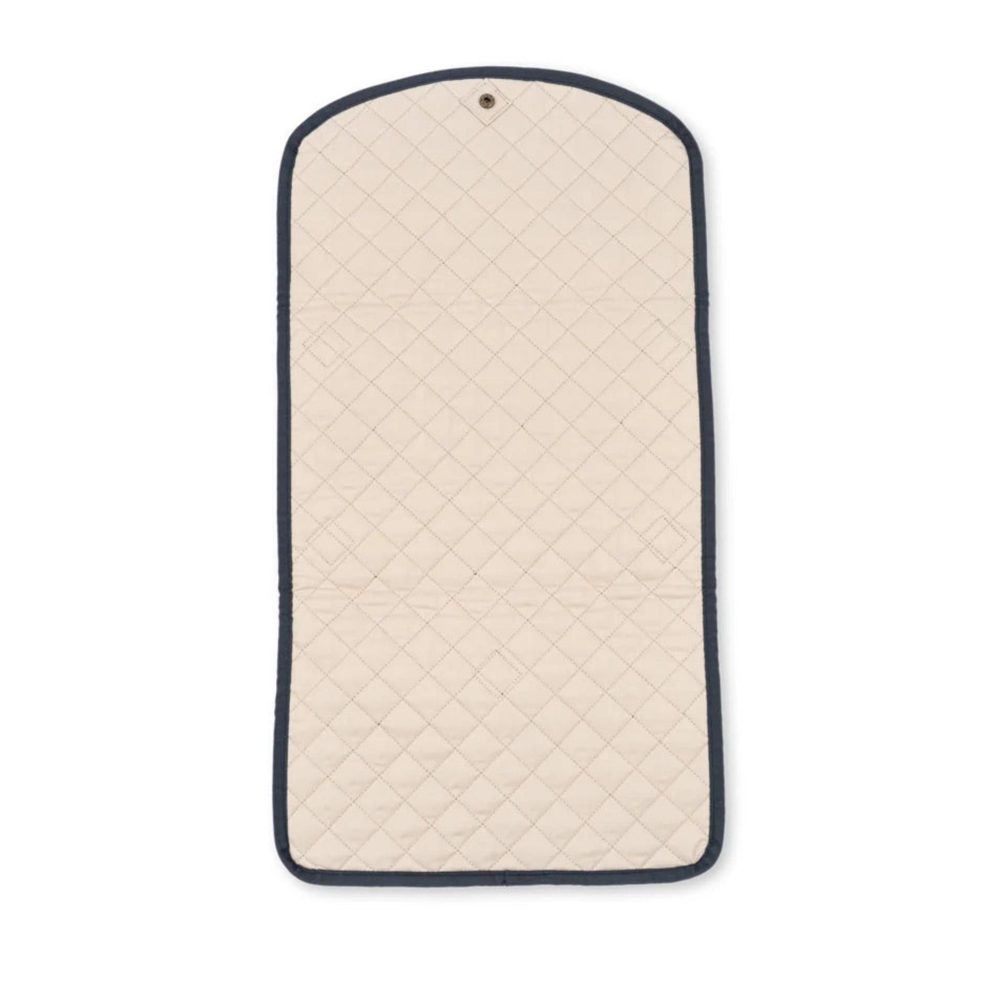 A quilted cream-colored garment bag with a dark navy blue border, shown flat against a solid white background.