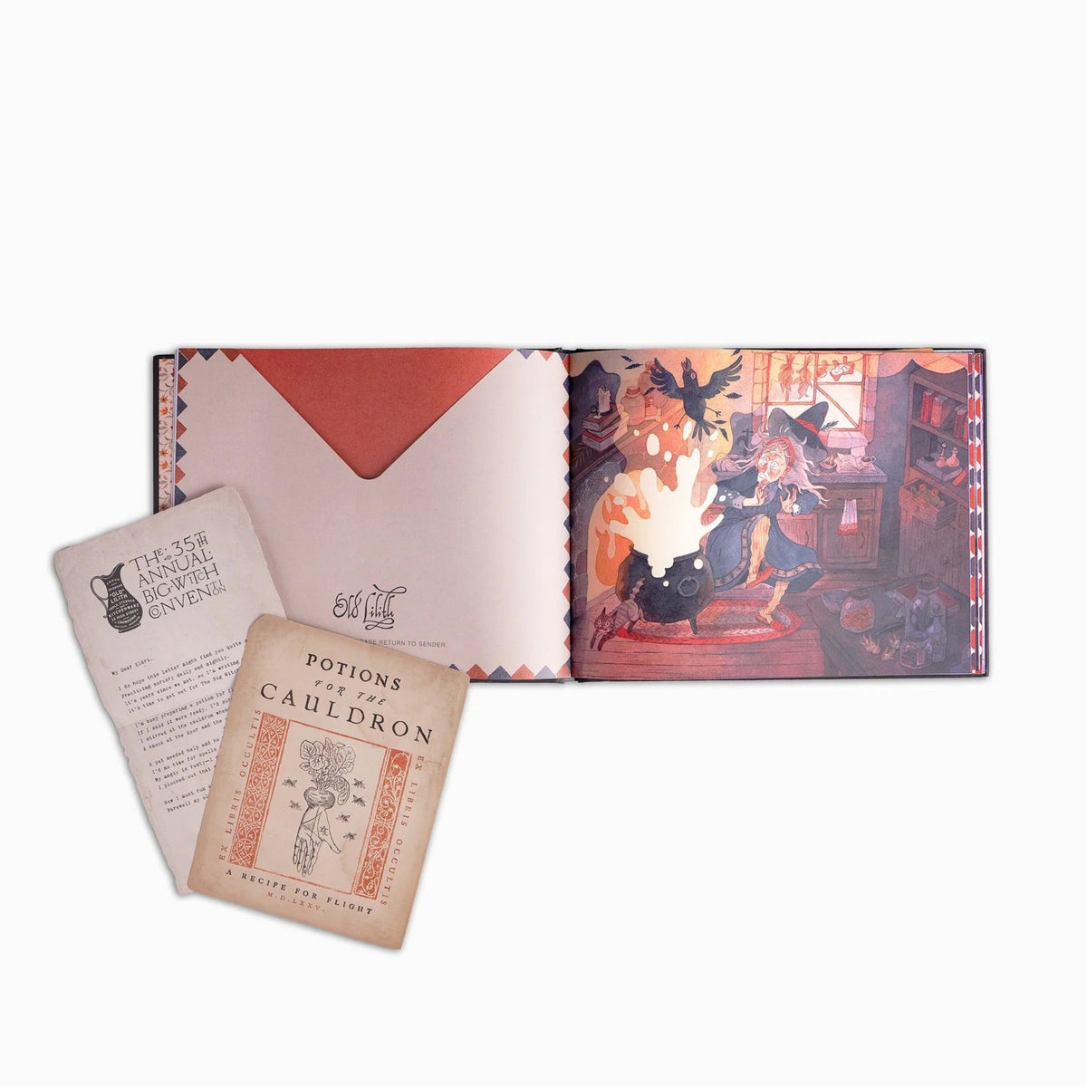 A wizard-themed potion kit set displayed on a white background, featuring an illustrated book showing a witch and cauldron, an open envelope, a parchment letter, and a card labeled 'Potions of Cauldron'.