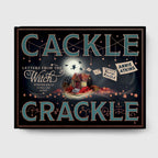 A square decorative book or box cover titled 'Cackle Crackle' with whimsical illustrated artwork, including a small cottage, bats, letters, and autumn leaves on a dark background. The text 'Letters from the Witch with four skills to pull out a heap' and 'Annie Atkins' are visible.
