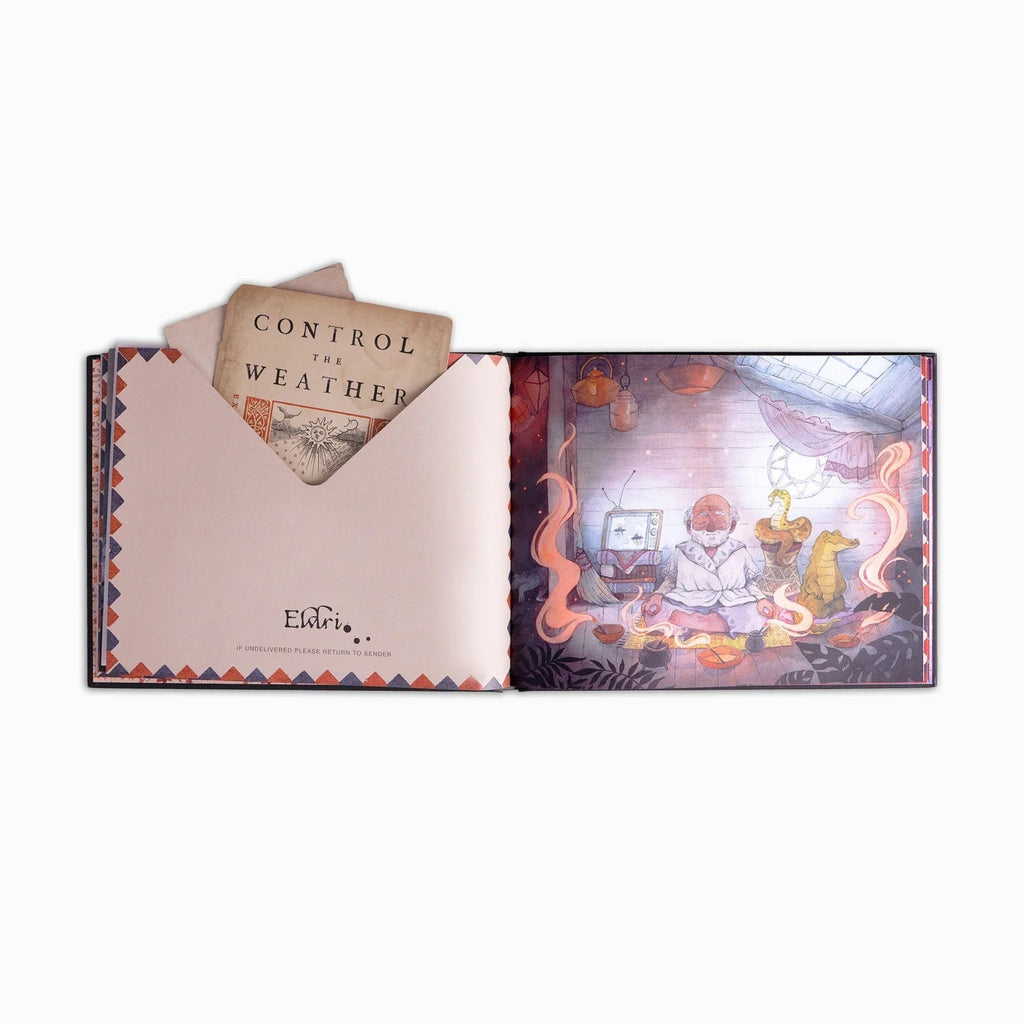 An open illustrated book or journal on a light gray background. The left page shows a pink envelope pocket with a card tucked into it and the brand name 'Edges' printed near the bottom.