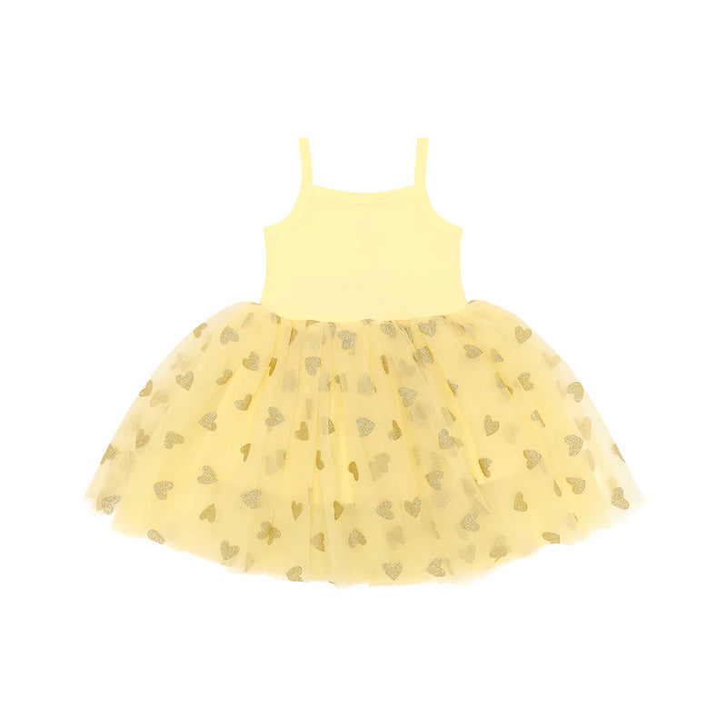 GLITTER HEART DRESS - Lemon/Gold