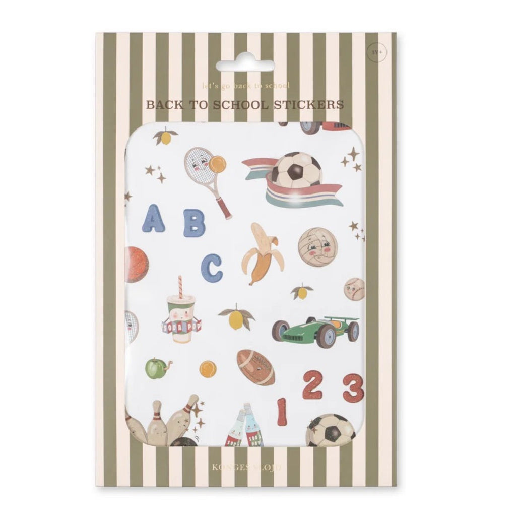 Pack of stickers with alphabet, numbers, and various illustrations on a striped background