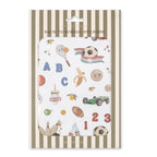 Pack of stickers with alphabet, numbers, and various illustrations on a striped background