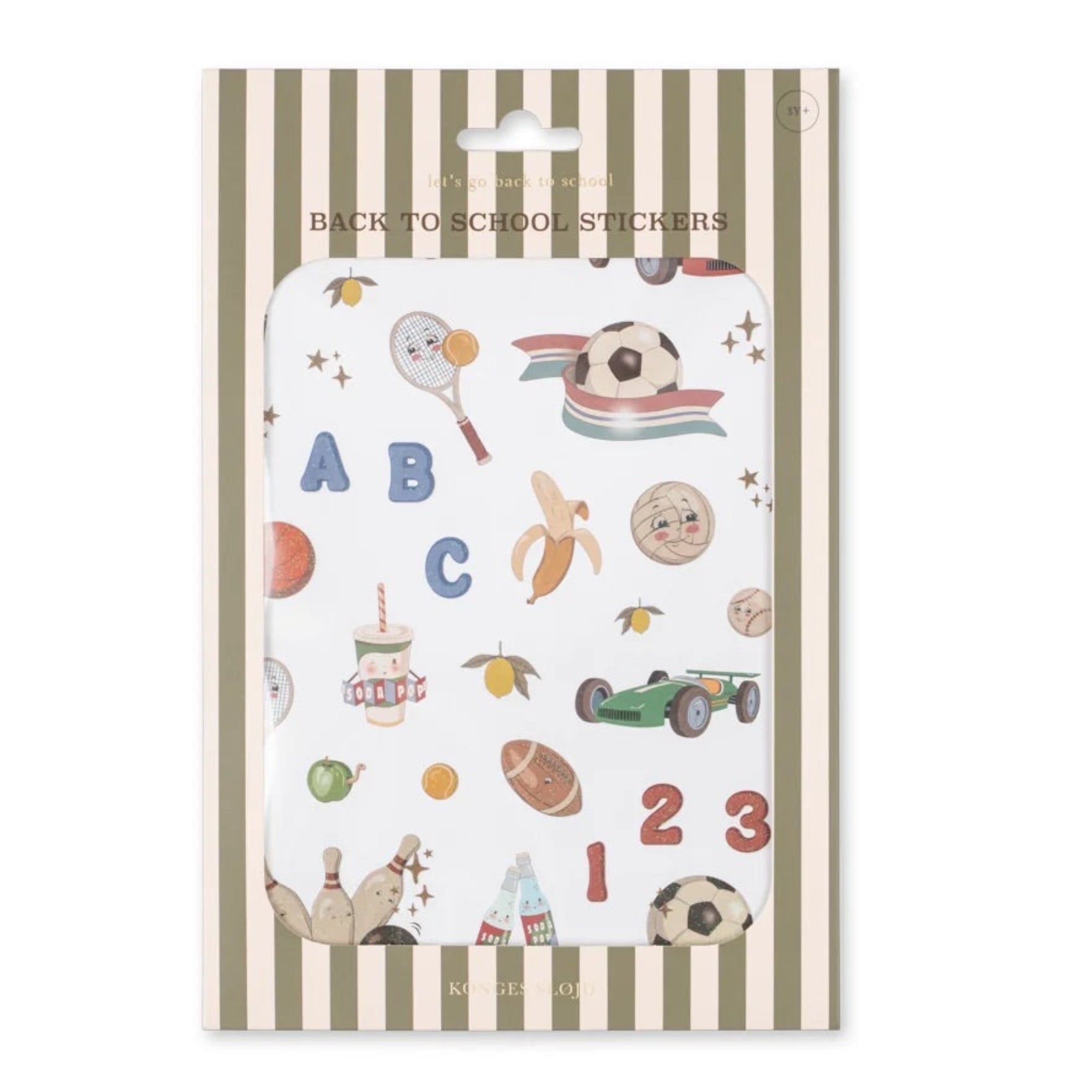 Pack of stickers with alphabet, numbers, and various illustrations on a striped background
