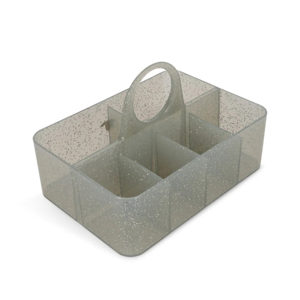 Gray speckled caddy with a handle on a white background