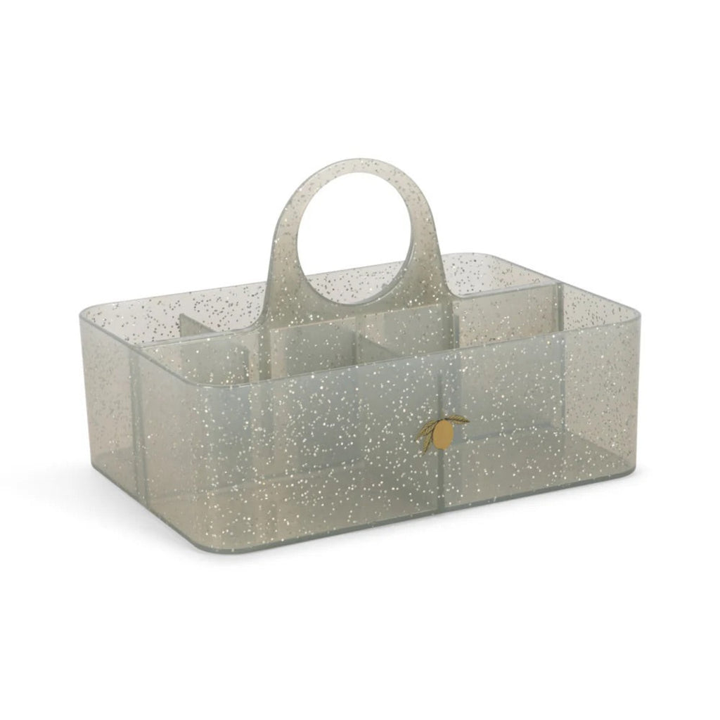 A translucent speckled gray plastic organizer caddy with a single integrated handle and a small gold star accent on the front, shown on a plain white background.