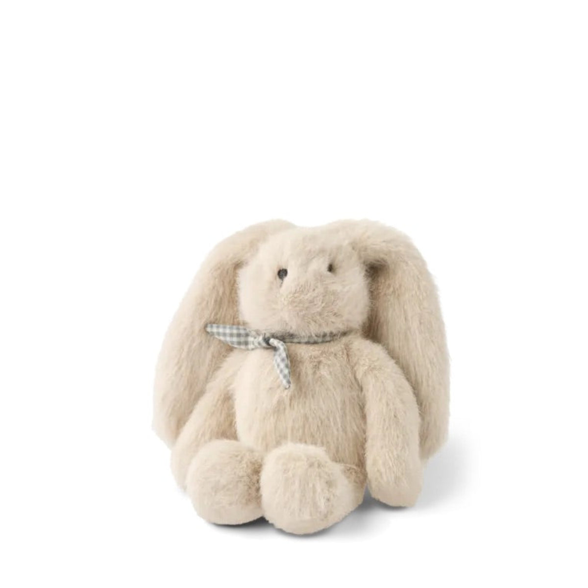 A plush stuffed bunny toy in a light cream or beige color, sitting on a seamless white background. It has long floppy ears, small embroidered eyes, and a small plaid ribbon tied around its neck.