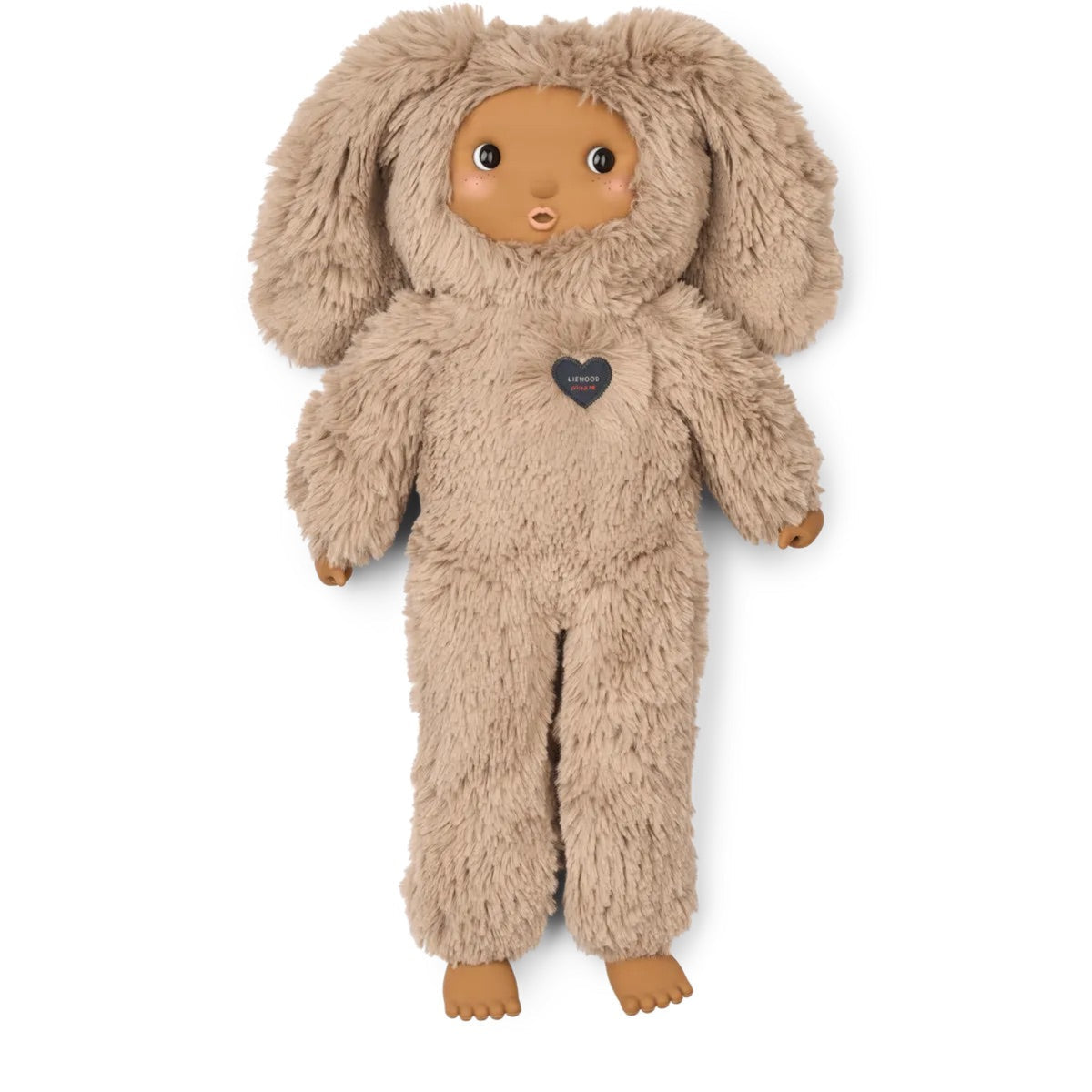 A plush doll dressed in a shaggy beige bunny costume with long floppy ears, a brown face, and a small dark heart patch on the chest, photographed against a plain white background.