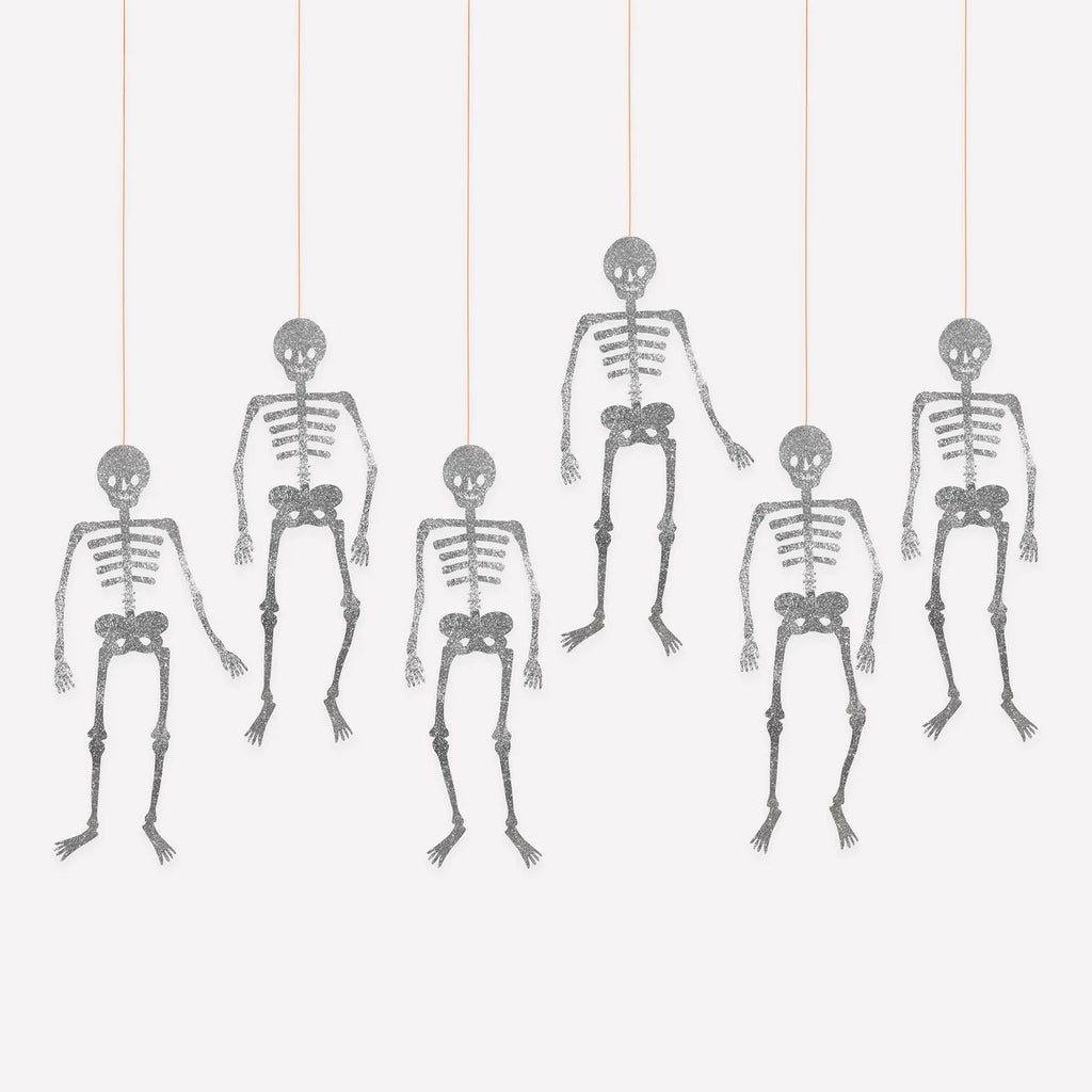 6 GLITTER JOINTED SKELETON DECORATIONS
