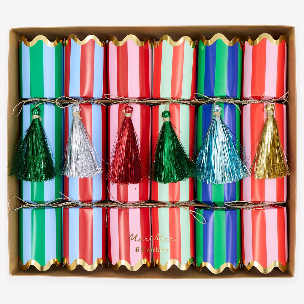 6 STRIPED TINSEL TASSEL CRACKERS