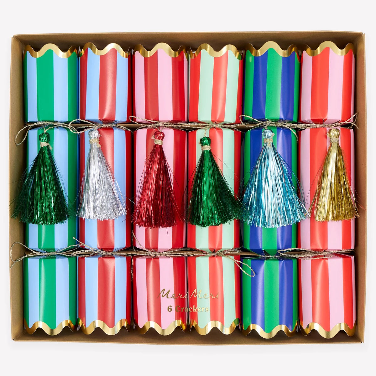 6 STRIPED TINSEL TASSEL CRACKERS